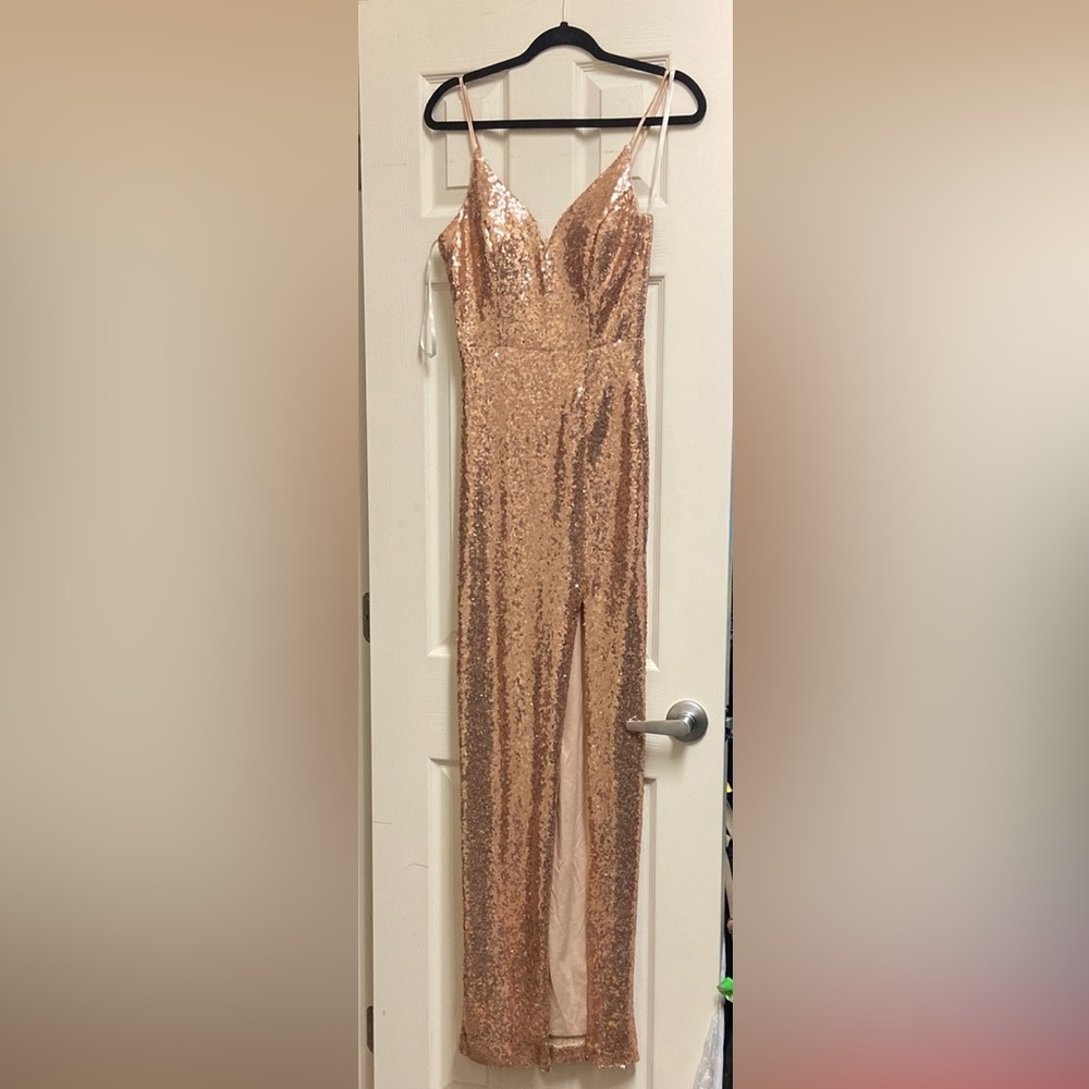 Rose gold floor length sequin dress